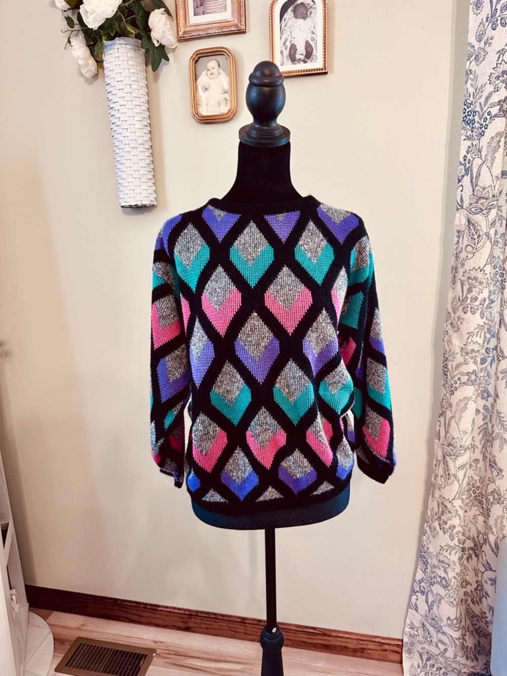 Vintage Colorblock Diamond Knit Sweater - Black with Pink, Teal & Purple